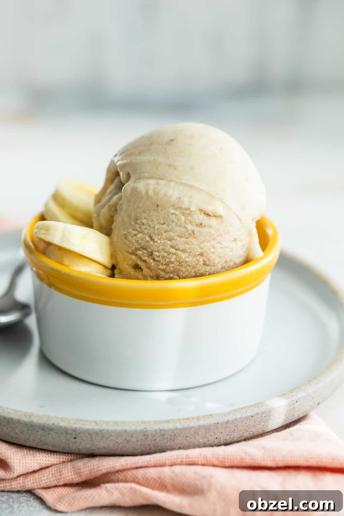 Frozen yogurt with banana slices.