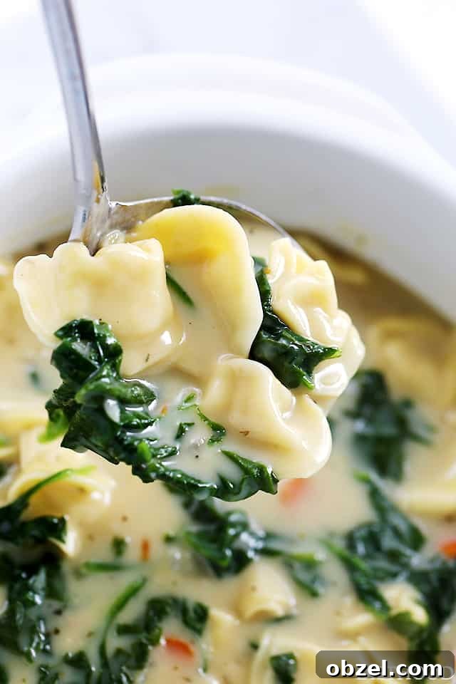 Creamy Tortellini Soup | Quick, easy, and deliciously creamy soup packed with cheesy tortellini and fresh spinach.