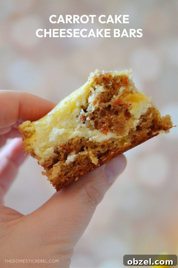 Carrot Cake Cheesecake Bars Recipe 2 a closeup shot of the author holding a carrot cake cheesecake bar against a lightly colored spotted background.