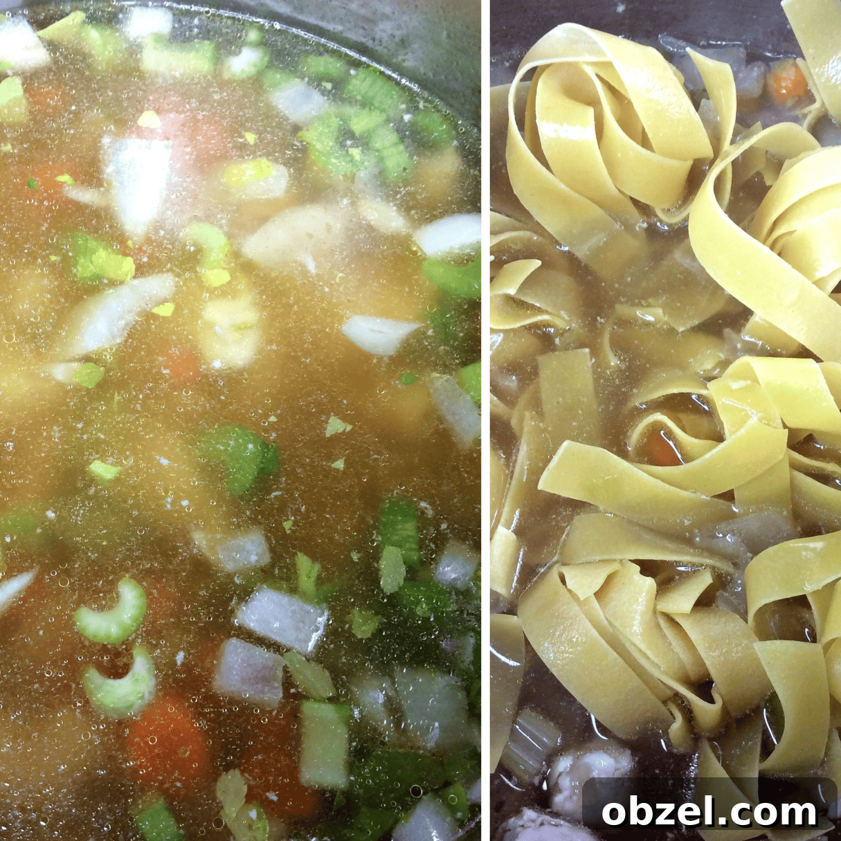 Instant Pot Chicken Noodle Soup Recipe 4 a collage showing broth and noodles for chicken soup in the Instant Pot.