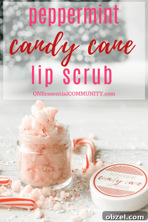 DIY Peppermint Candy Cane Lip Scrub for Soft Lips 2 peppermint candy can lip scrub title image with lip scrub in glass jar next to custom label on top