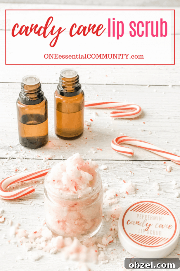 DIY Peppermint Candy Cane Lip Scrub for Soft Lips 14 peppermint candy cane lip scrub with essential oils overflowing in glas jar, candy cane, essential oils bottles
