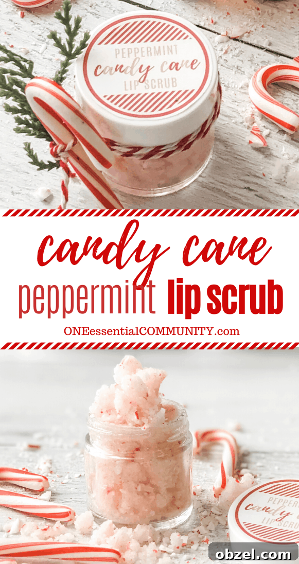 DIY Peppermint Candy Cane Lip Scrub for Soft Lips 15 peppermint candy cane lip scrub with essential oils in glass jars plus title card