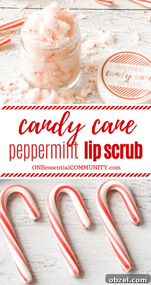 DIY Peppermint Candy Cane Lip Scrub for Soft Lips 16 peppermint candy cane lip scrub with essential oils in glass jar with custom label lid, three candy canes