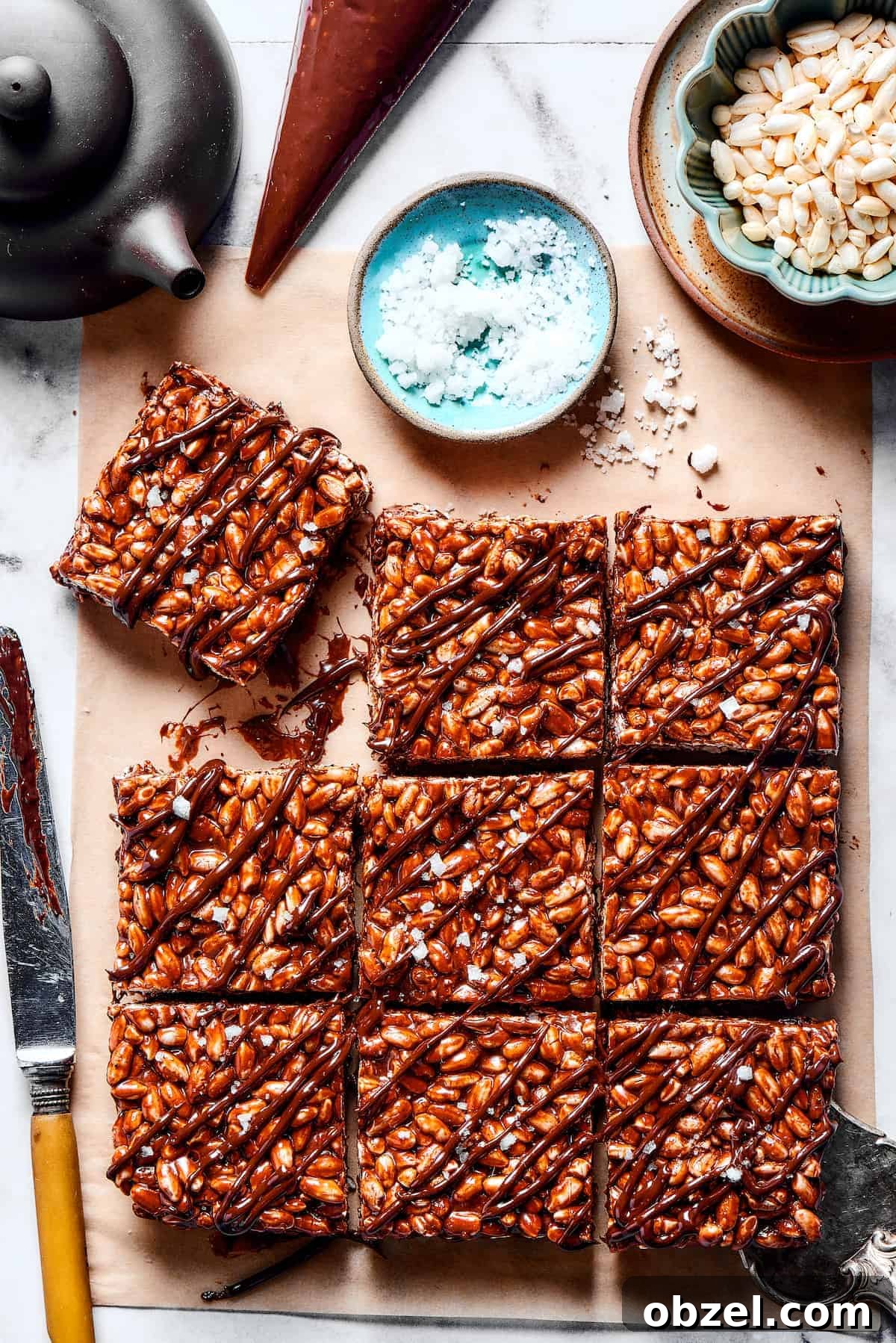 overhead wide shot of Chocolate Rice Krispie Treats bars