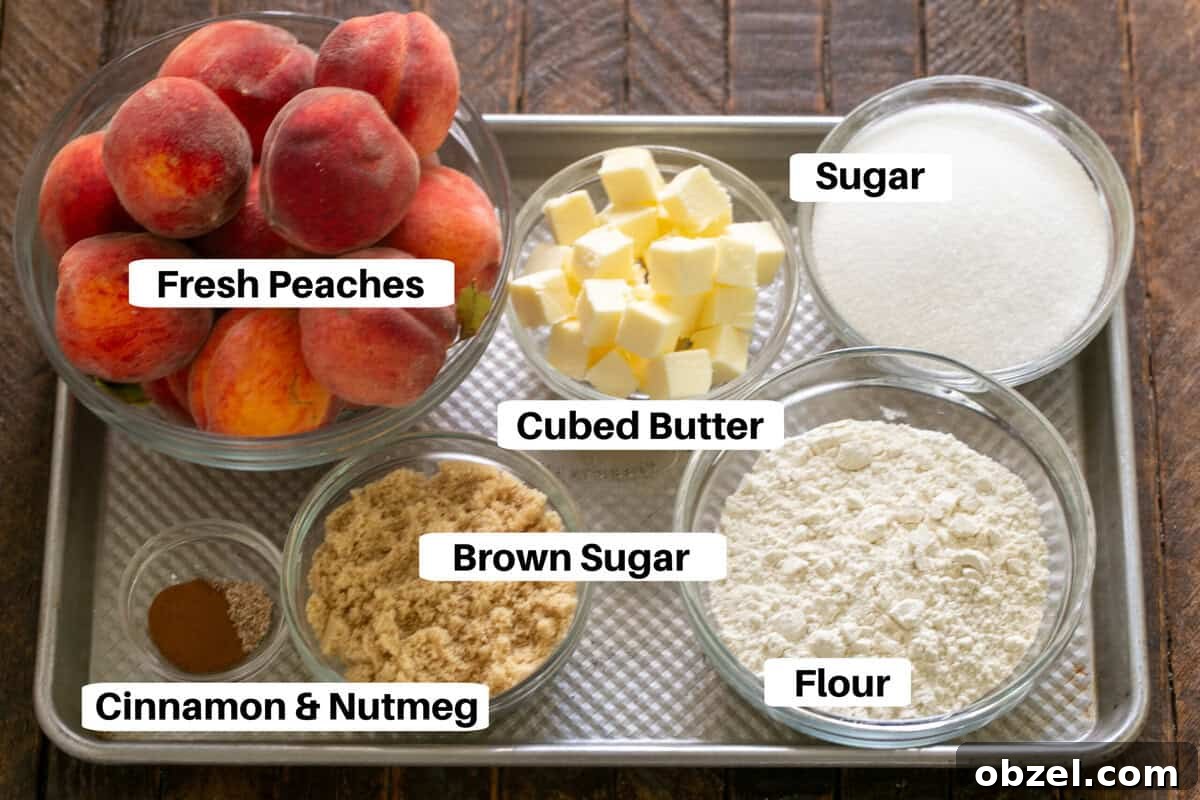 Classic Homemade Peach Crisp Recipe 2 Peach Crisp Ingredients with labels on a metal sheetpan.