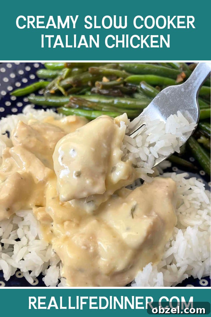 Pinterest picture of Creamy Slow cooker Italian Chicken with the text of the title at the top.