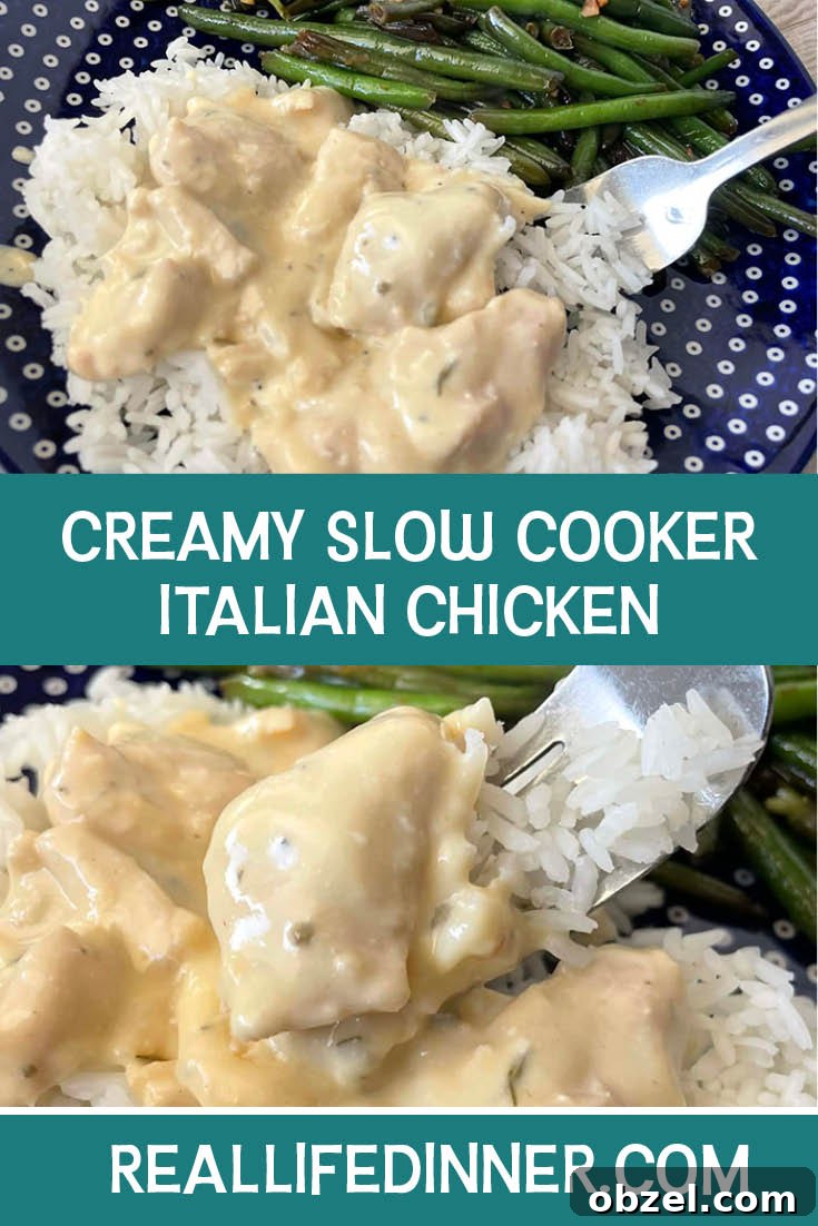 Two-photo Pinterest picture of Creamy Slow Cooker Italian Chicken with the text of the title in the middle, separating the two photos.