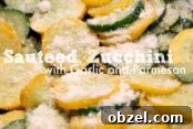 Sautéed zucchini and yellow squash with garlic and parmesan. The text Sautéed Zucchini with Garlic and Parmesan is overlayed on the photo in the middle.