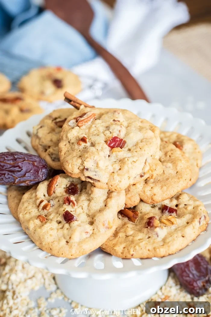 Date Cookies, soft and chewy cookies made with oatmeal, chopped dates, pecans, and a touch of cinnamon. Date Cookies, soft and chewy cookies made with oatmeal, chopped dates, pecans, and a touch of cinnamon.