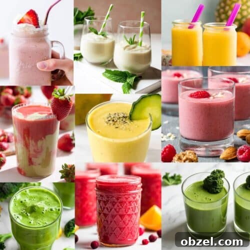 collage of smoothie recipes without yogurt, displayed in cups and garnished with fruit.