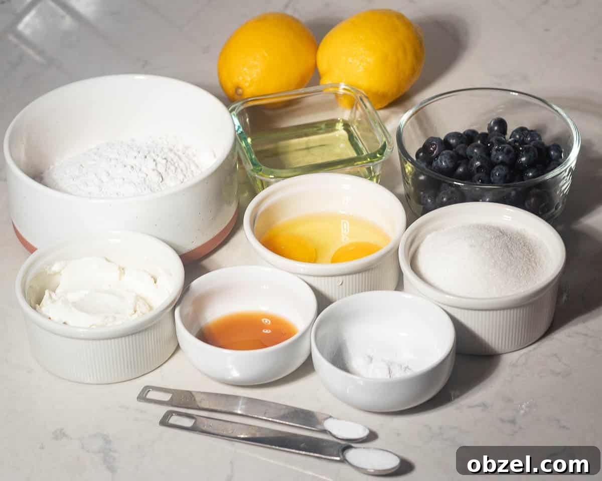 Lemon Blueberry Cake with Mascarpone Frosting 4 Overhead view of ingredients for lemon blueberry mascarpone cake, including flour, eggs, sugar, oil, blueberries, lemons, mascarpone, baking powder, baking soda, salt, and vanilla.