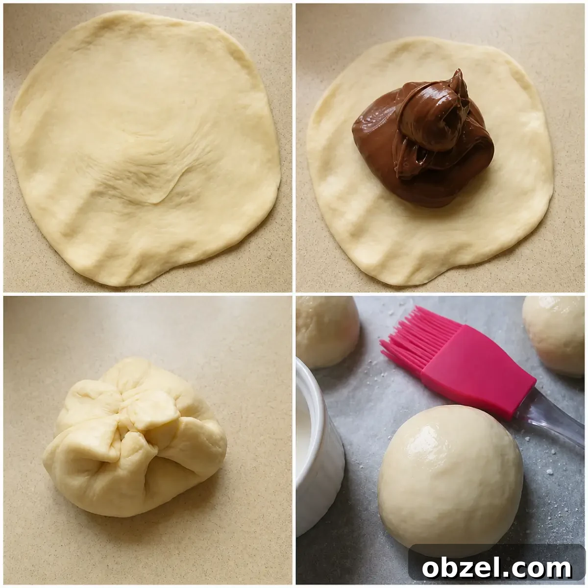 Dough rounds being filled with Nutella, sealed into buns, and brushed with milk before baking.