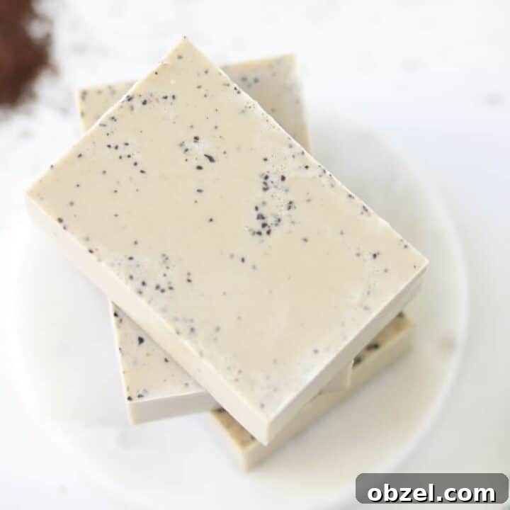 coffee melt and pour soap with ground coffee grounds scattered around