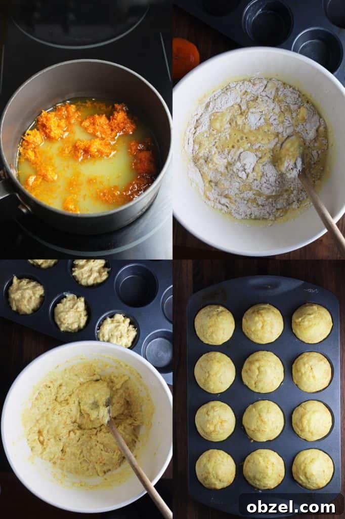 Mandarin Orange Greek Yogurt Muffins 6 Collage of process shots for making mandarin orange muffins