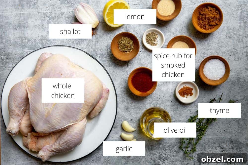 Traeger Smoked Whole Chicken Recipe 3 All of the ingredients for the smoked chicken recipe on a work surface with labels.