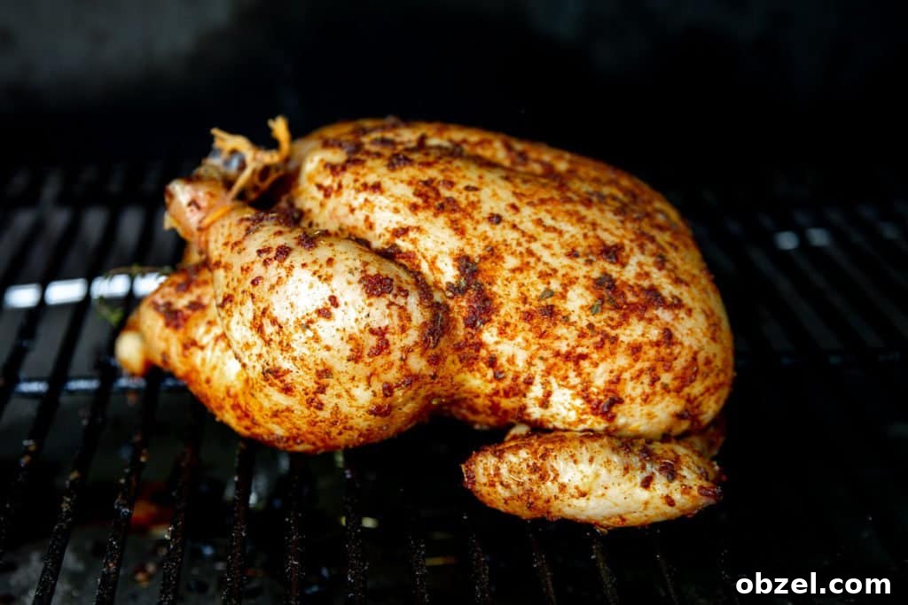 Traeger Smoked Whole Chicken Recipe 7 Whole chicken on a smoker.