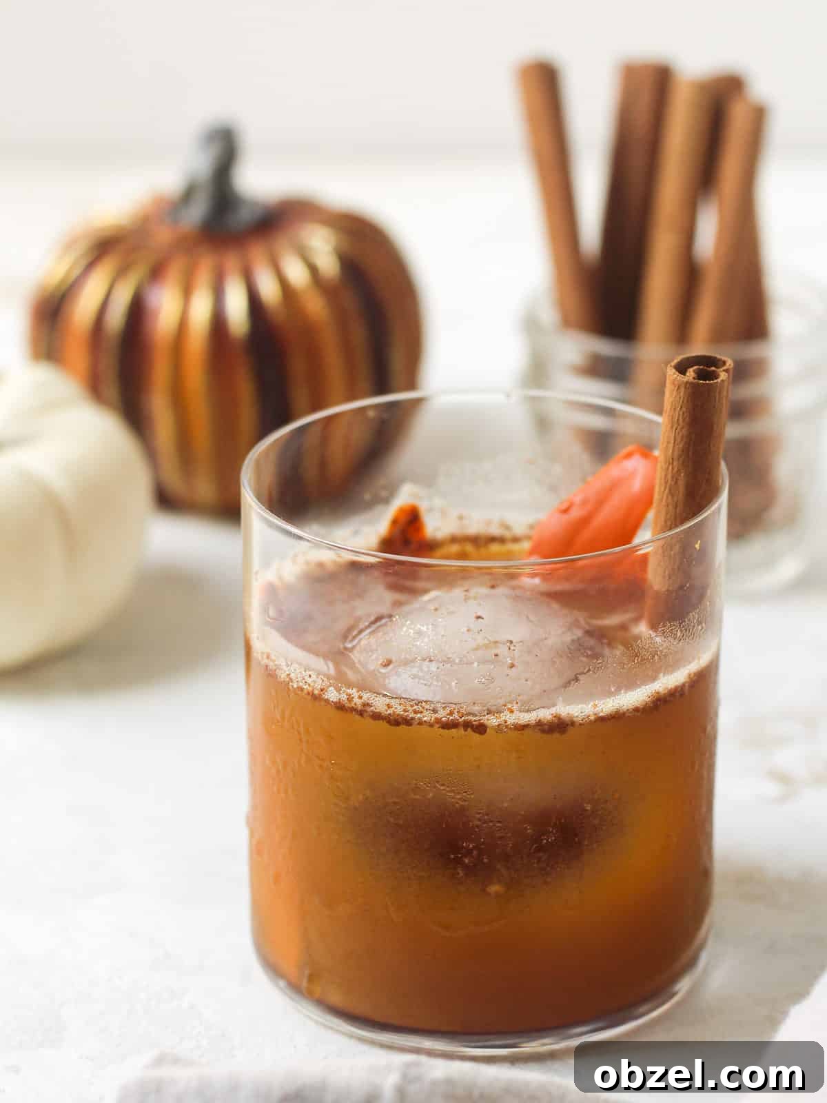 Pumpkin bourbon cocktail with cinnamon stick in lowball glass.