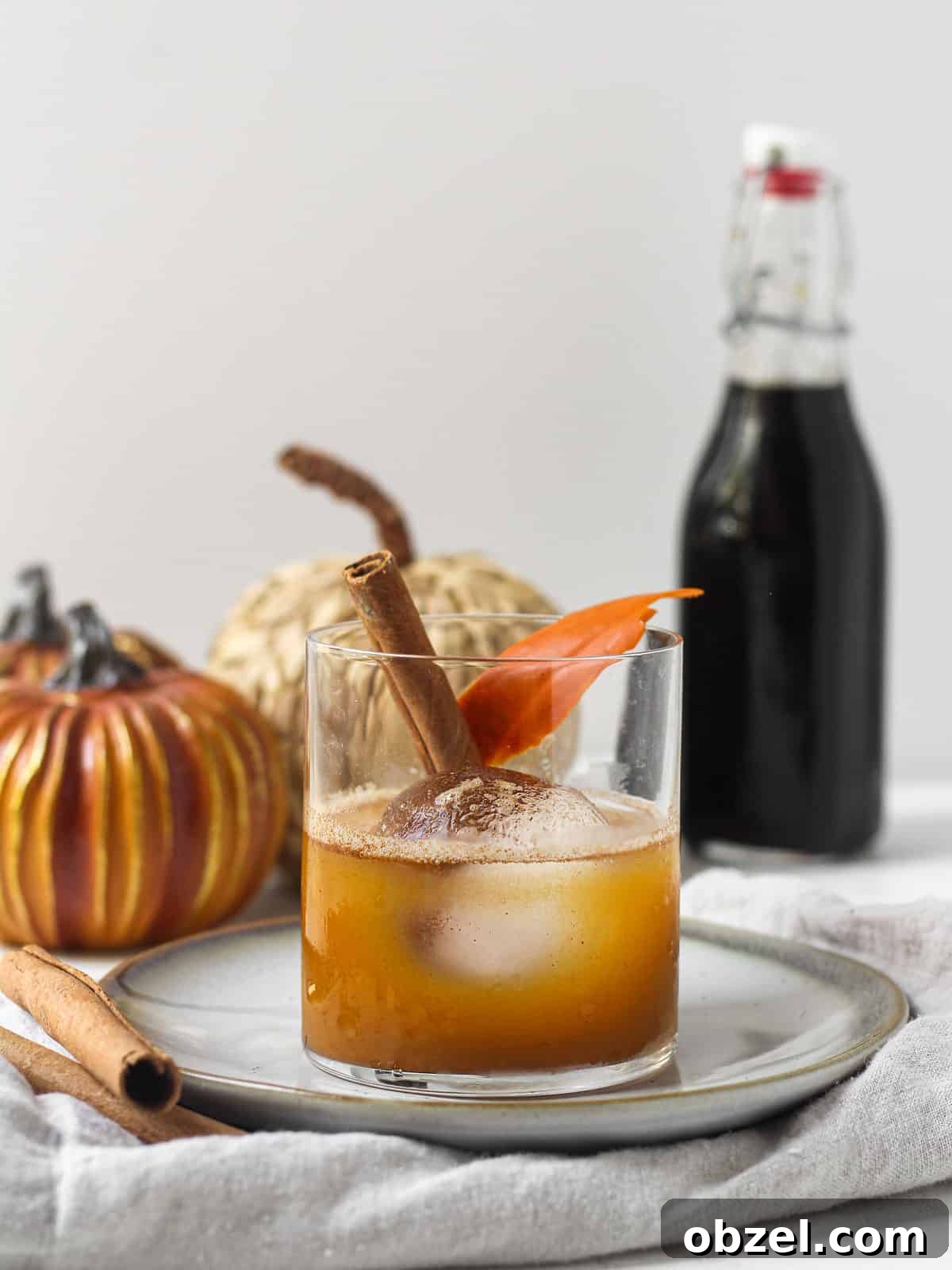 Pumpkin bourbon cocktail with cinnamon stick in lowball glass.