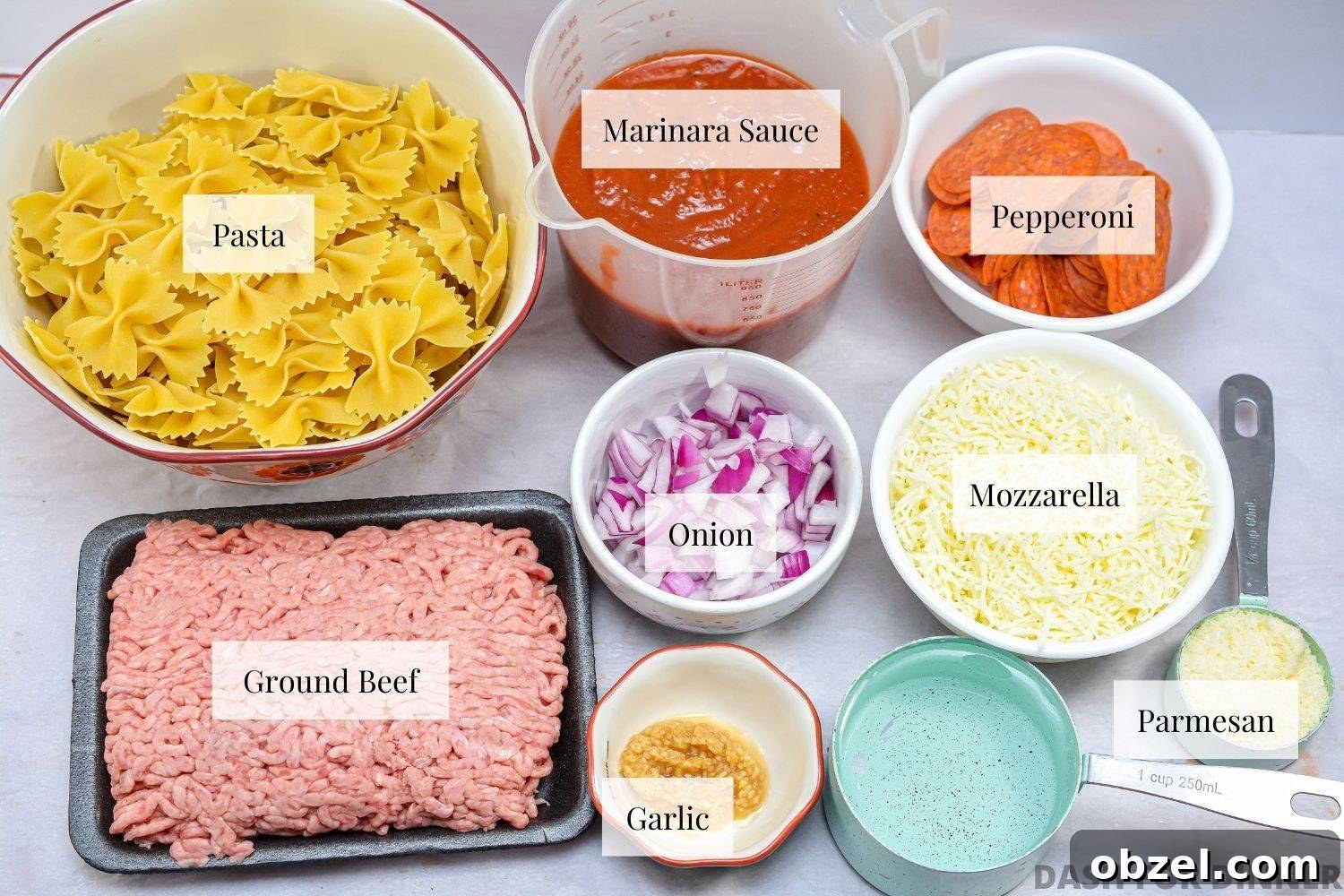 Crock Pot Pizza Casserole with Pasta and Pepperoni 3 The ingredients needed to make a crock pot pizza casserole.