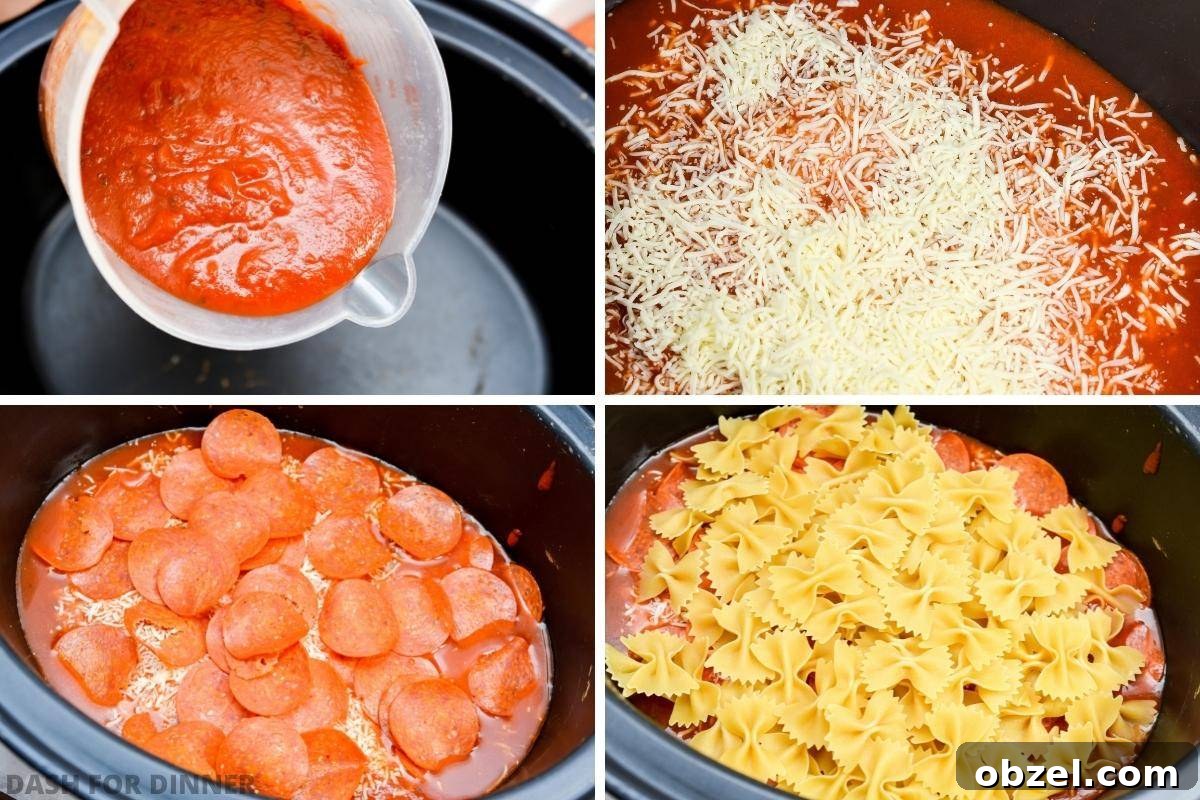 Crock Pot Pizza Casserole with Pasta and Pepperoni 4 Adding marinara, cheese, pepperoni, and pasta sauce to a slow cooker.