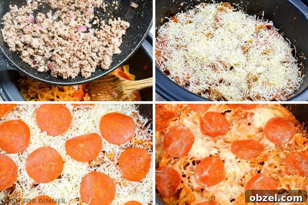 Crock Pot Pizza Casserole with Pasta and Pepperoni 5 Adding ground beef, cheese, and pepperoni to a slow cooker.