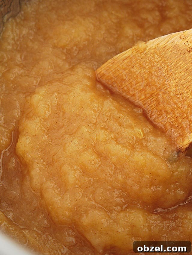 close up of prepared instant pot applesauce with wooden spoon