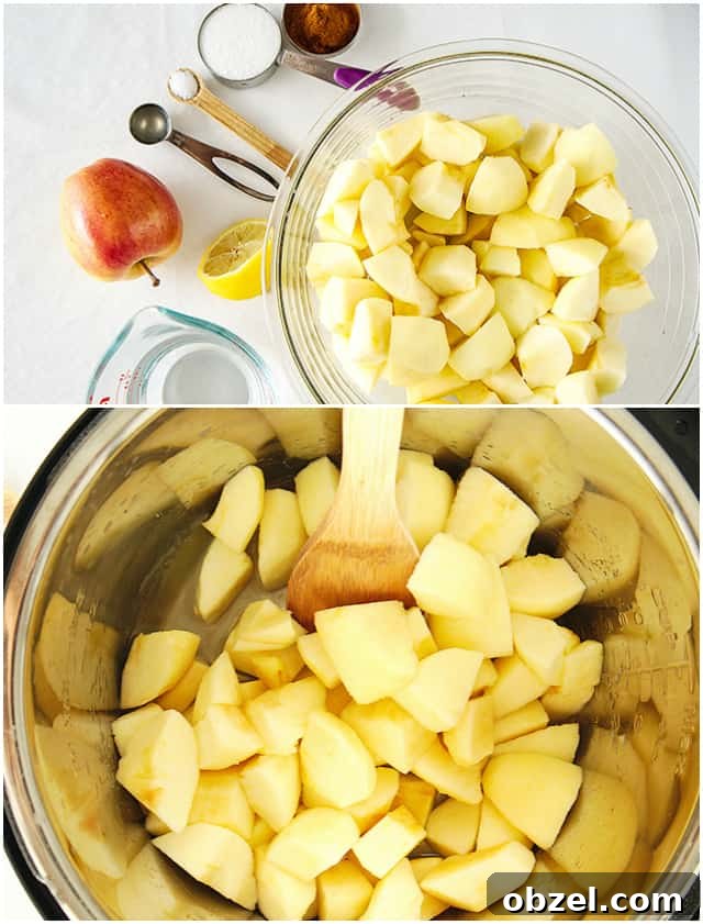 collage of step-by-step instant pot applesauce making