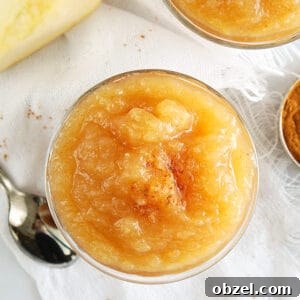 overhead photo of instant pot applesauce with a white linen and spoon