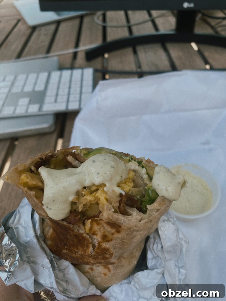 Skier's Breakfast Burrito at Beaumont Bakery 4 Breakfast burrito with sauce