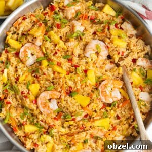 Pineapple Shrimp Fried Rice Recipe 14 Skillet filled with shrimp pineapple fried rice.