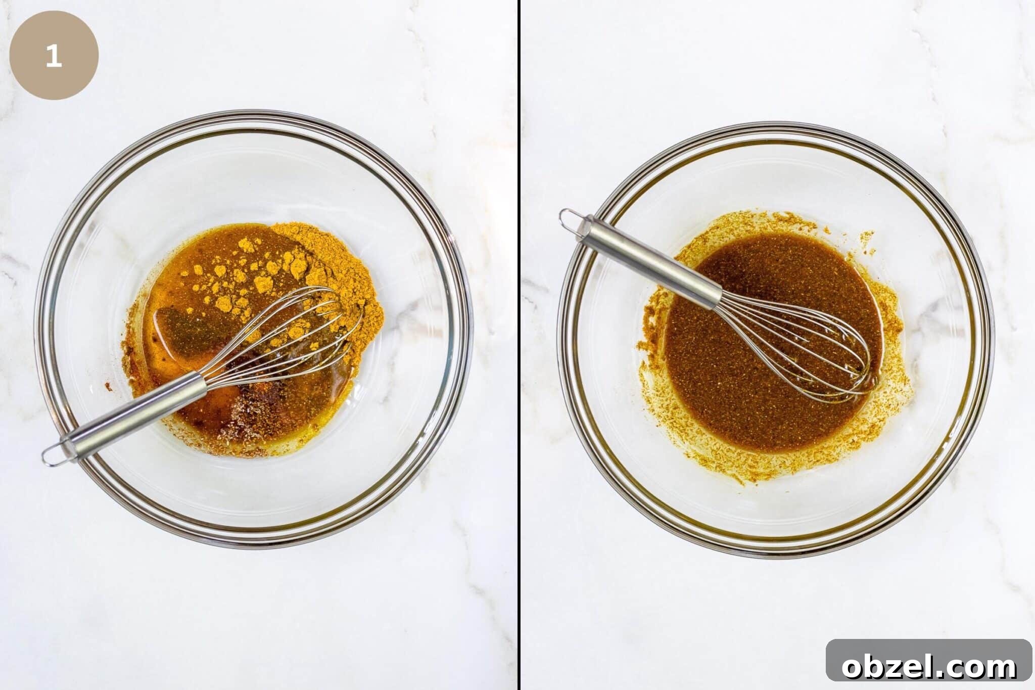 Maple syrup, oil, and spices mixed in a bowl.