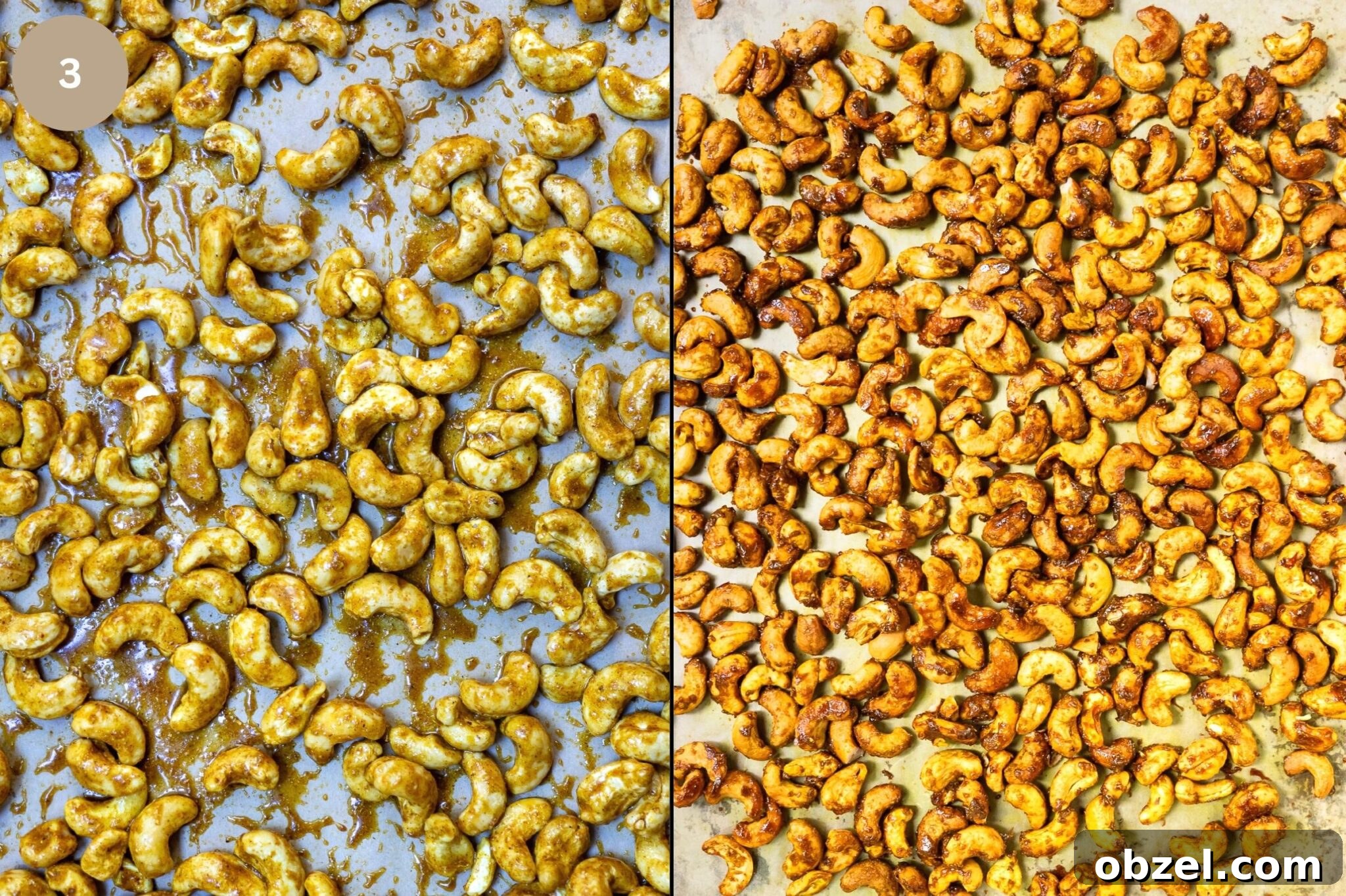 Curried cashews spread on a baking sheet.