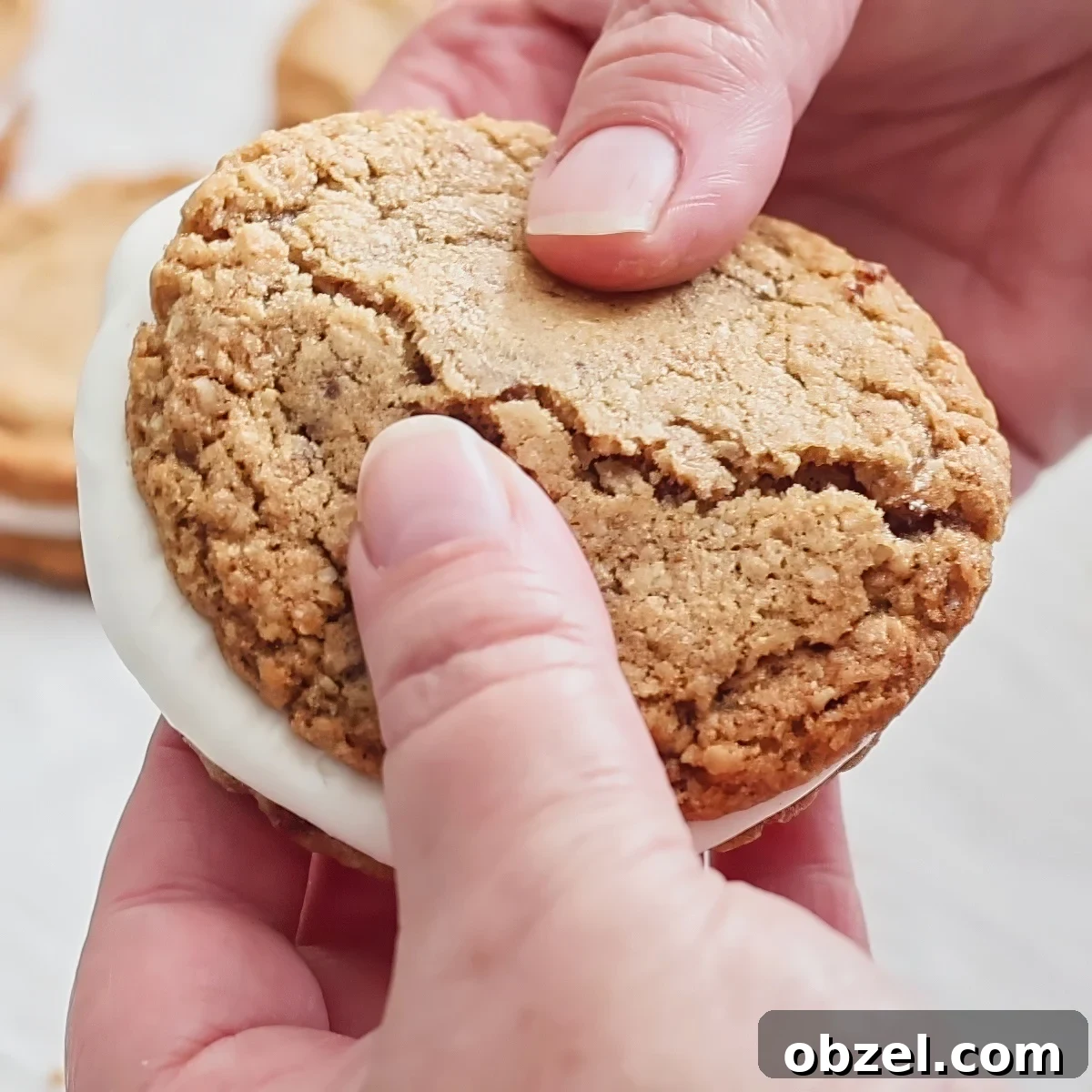 breaking an oatmeal creme pie in half with two hands.