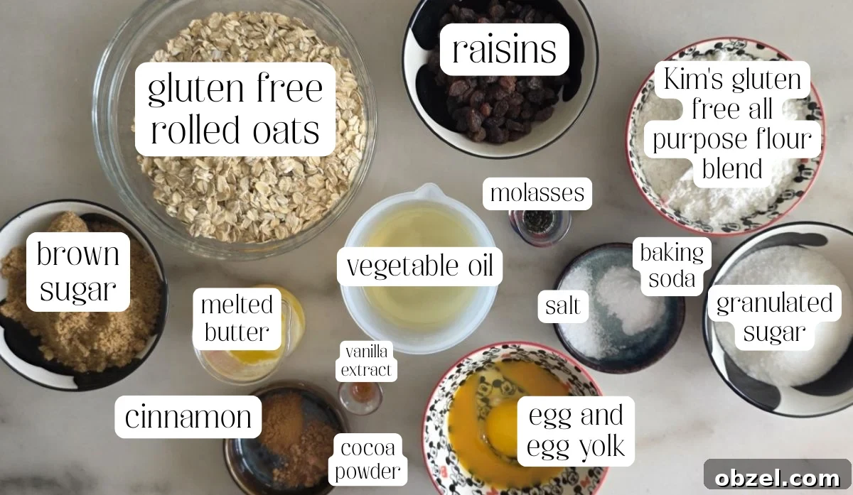 oatmeal cookie ingredients measured out and labeled.
