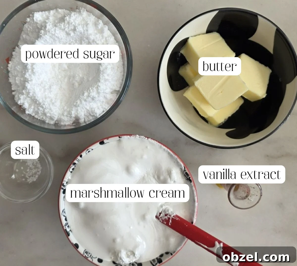marshmallow filling ingredients measured out and labeled.