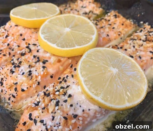 Lemon Butter Salmon with Everything Seasoning 2 side view of baked salmon