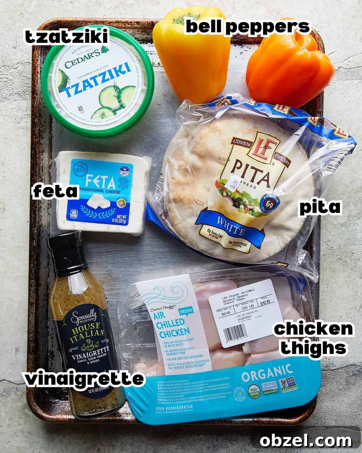 Overhead image of ingredients needed to make chicken pita pockets recipe.