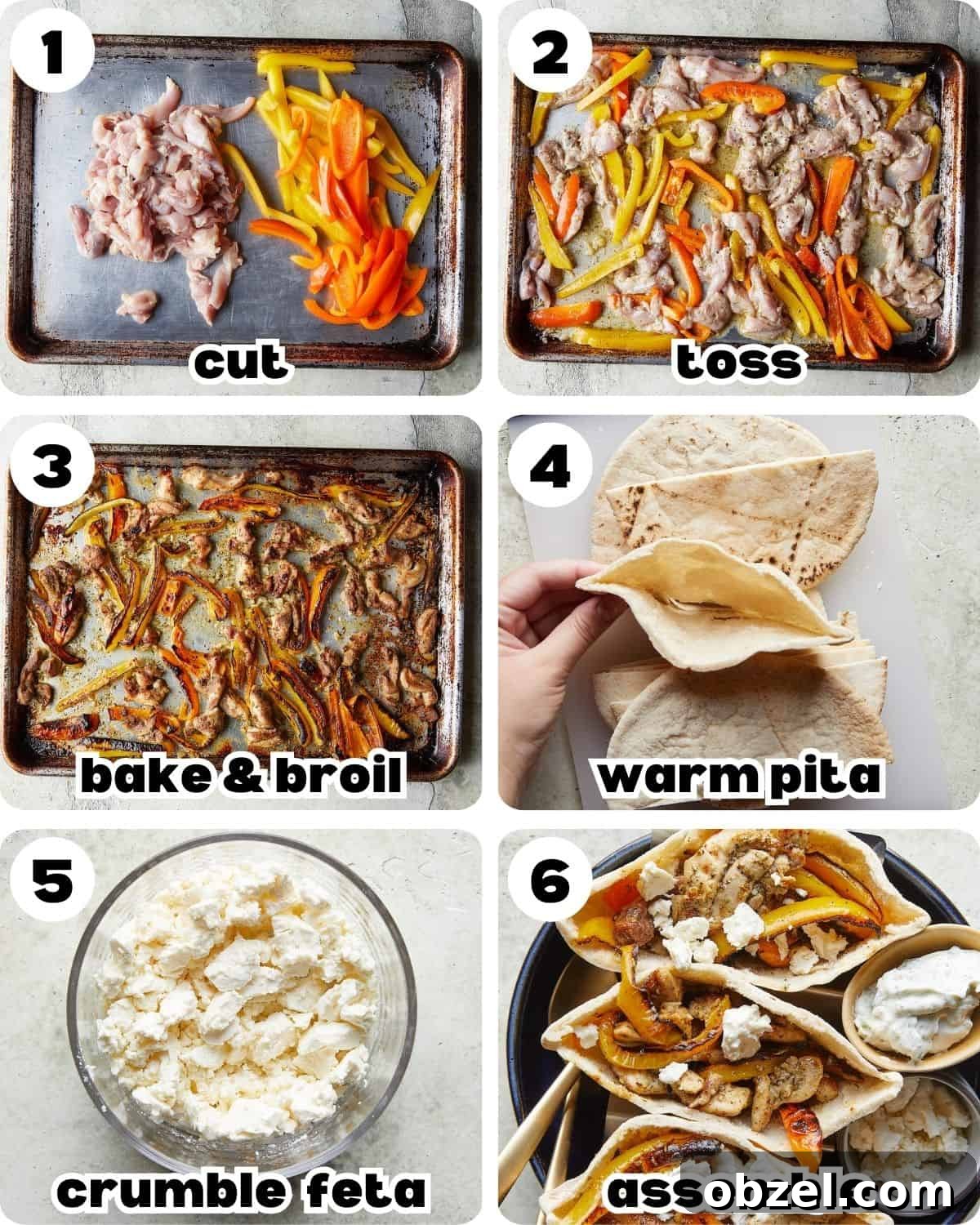 A six photo collage showing the steps to make chicken pita pockets recipe.
