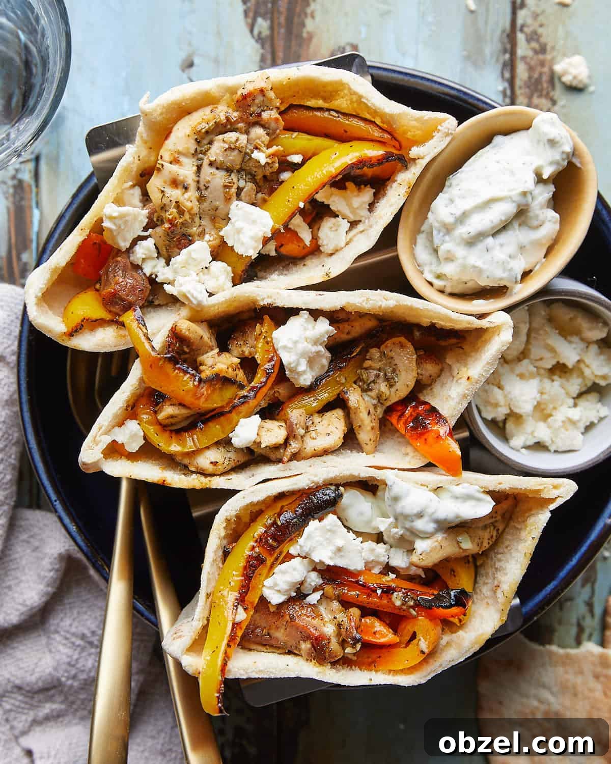 Overhead image of chicken pita pockets with garnish.