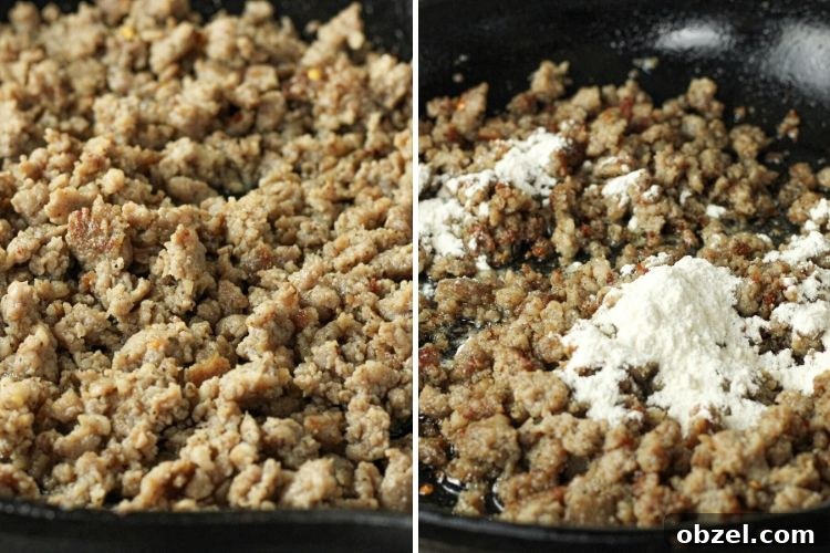 Cast Iron Skillet Sausage Gravy Recipe 4 split image of browned sausage and sausage with flour