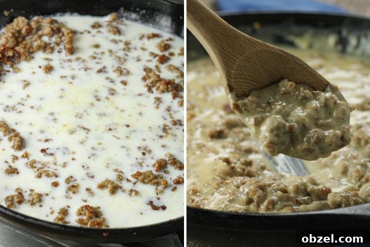 Cast Iron Skillet Sausage Gravy Recipe 5 split image of milk in pan with sausage and sausage gravy