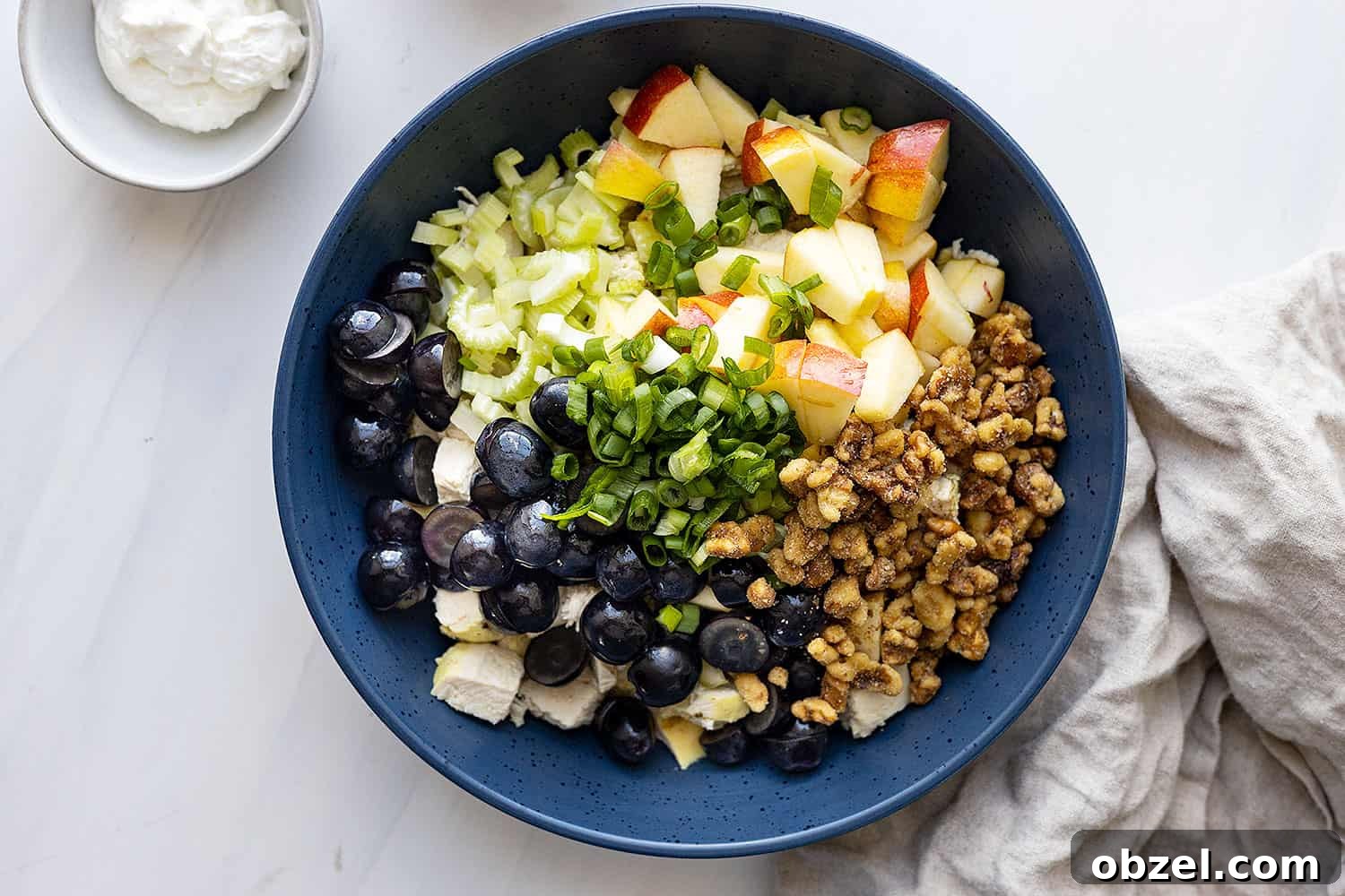 Chicken Waldorf Salad Recipe with Apples and Grapes 4 Overhead of all the ingredients in separate piles in a large dark blue bowl ready to be stirred.