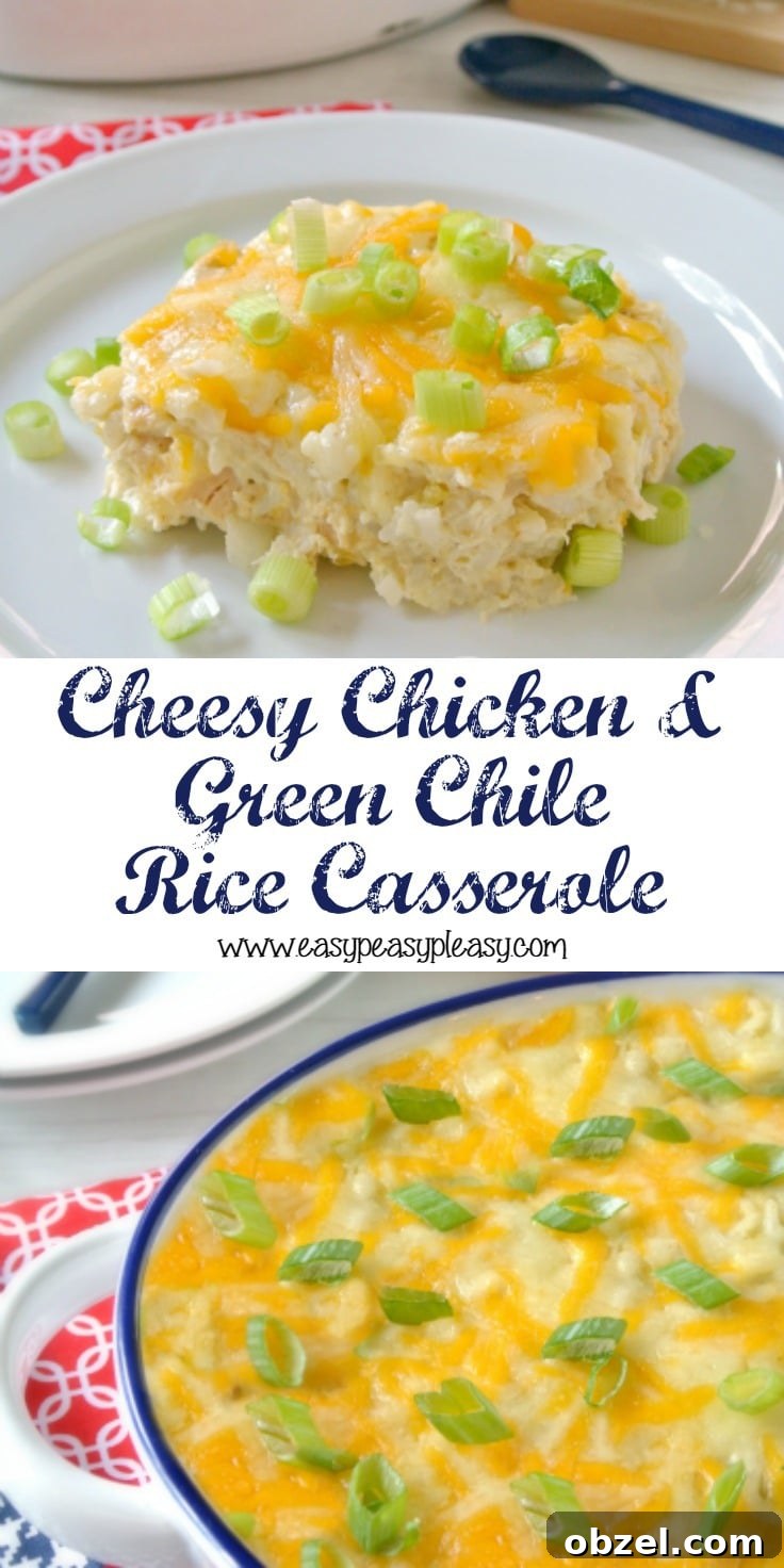 Make weeknight meals easy with this family pleasing Cheesy Chicken and Green Chile Rice Casserole recipe.