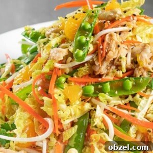 healthy Chinese chicken salad in a white bowl and grey tile