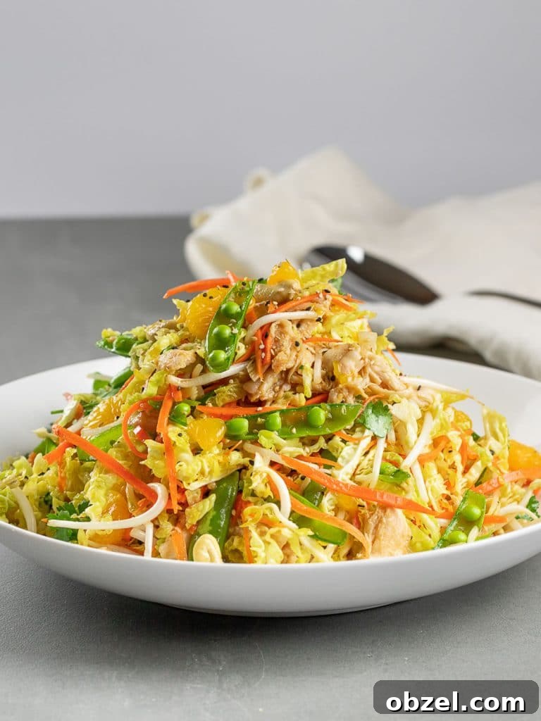 Chinese Chicken Salad with Sesame Ginger Dressing 4 healthy Chinese chicken salad in a white bowl and grey tile