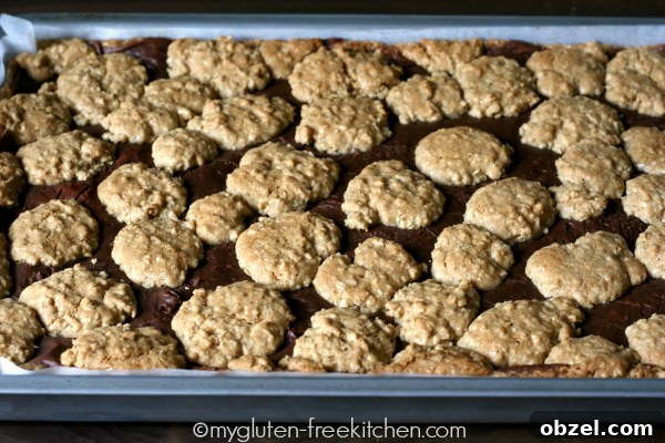Gluten Free Peanut Butter Oat Fudge Bars 3 Pan of Gluten-free Peanut Butter Oatmeal Fudge Revel Bars - Perfect for potlucks and parties!