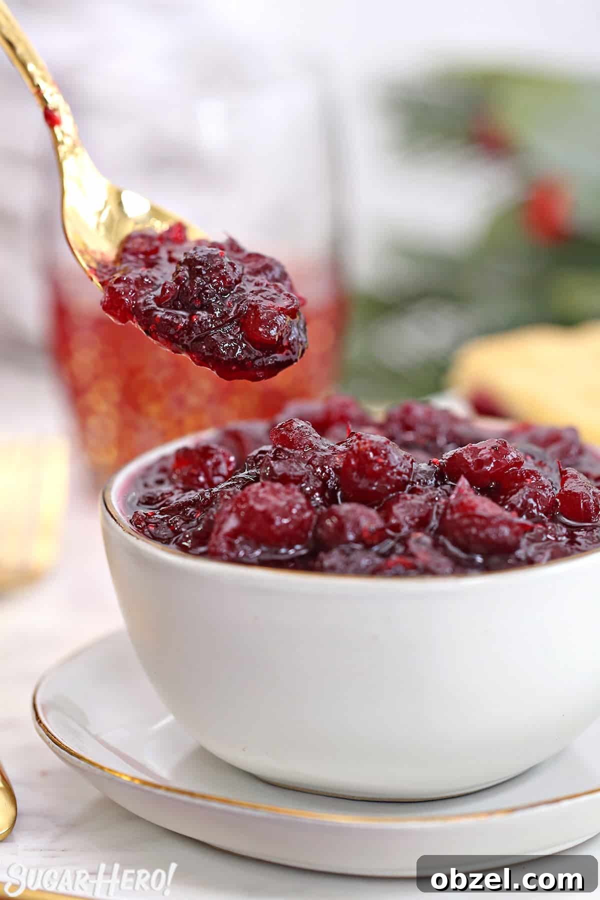 Cranberry Orange Sauce Recipe 2 Fresh cranberry sauce in a white bowl with a gold spoon taking a scoop of sauce.