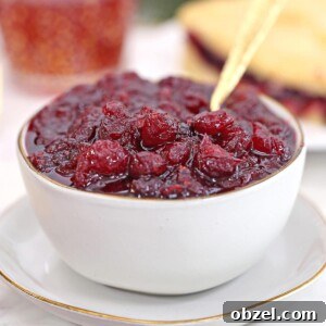 Cranberry Orange Sauce Recipe 6 Homemade cranberry sauce in a white bowl with a gold spoon.