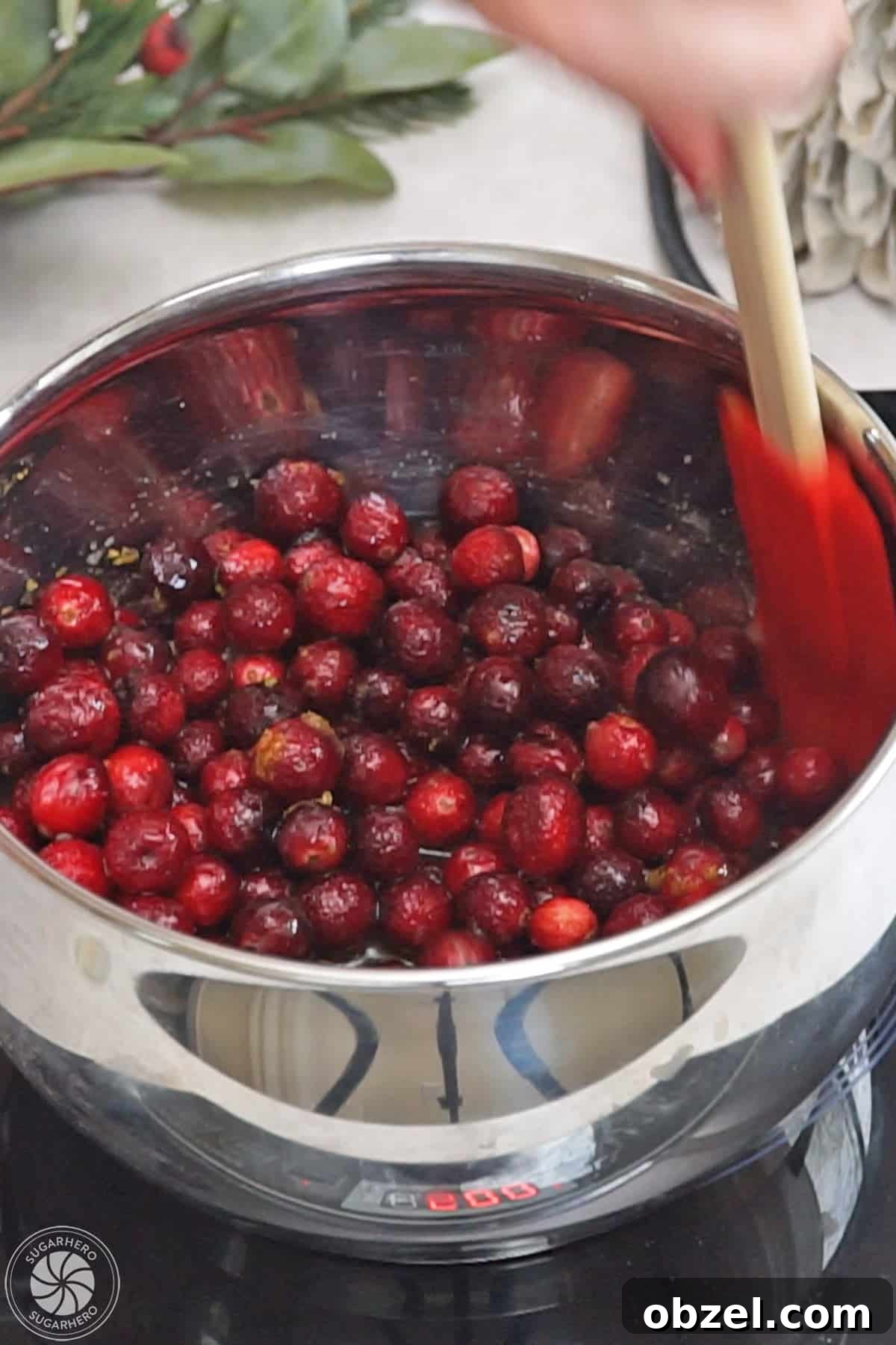 Cranberry Orange Sauce Recipe 10 Spatula stirring cranberry sauce ingredients in a pot.